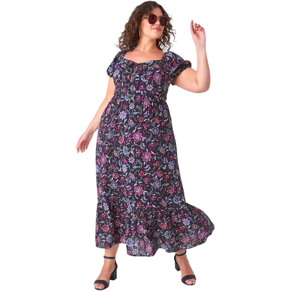 NWT Lane Bryant Short Bubble Sleeve Tie Neck Tiered Floral Maxi Dress Women’s 14